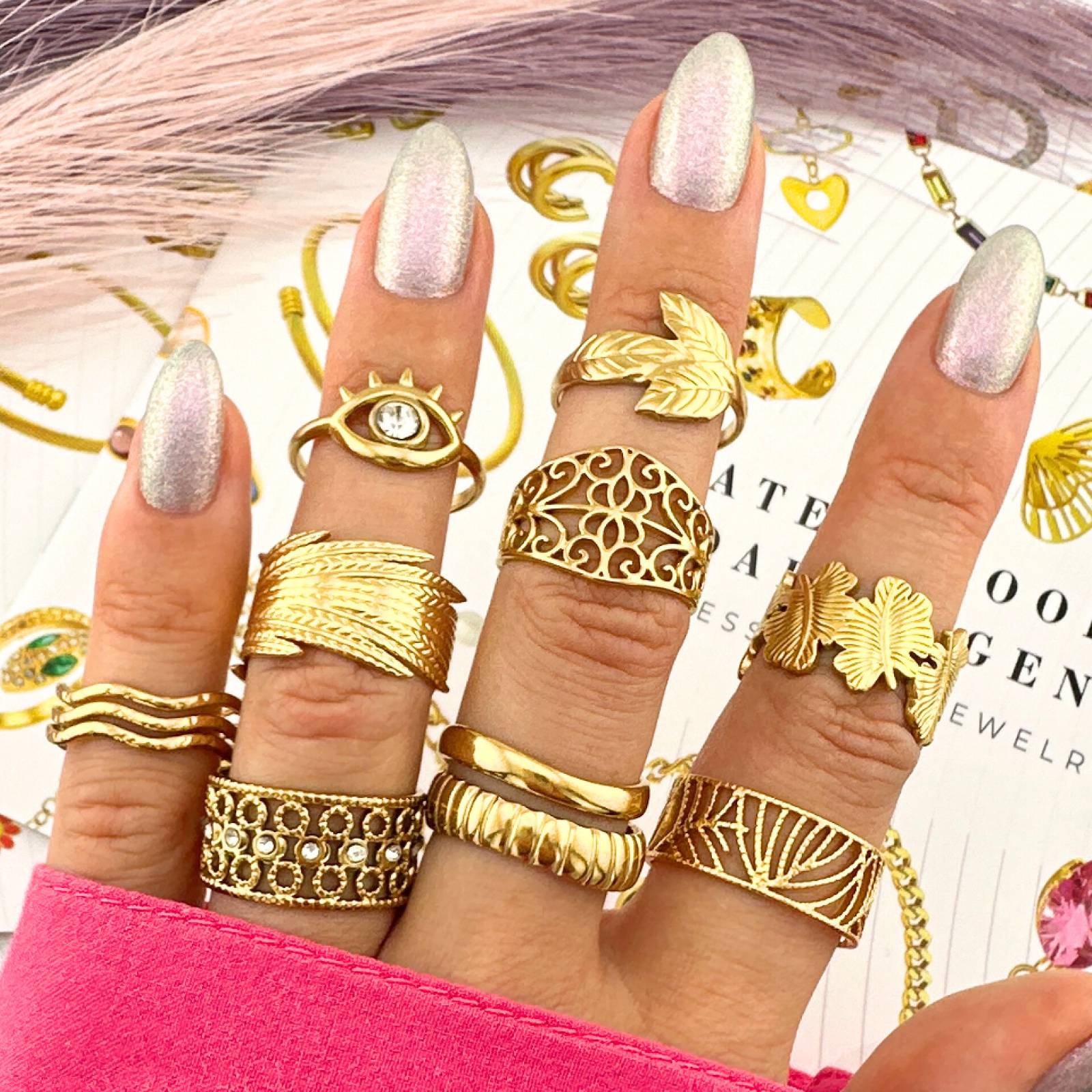 Golden Corals Ring, 18K Gold Plated Steel