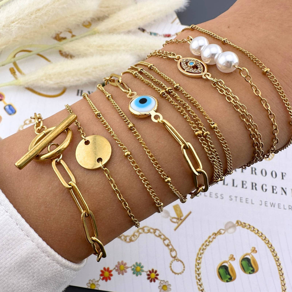 Gilded Watch "Evil Eye" Bracelet, 18K Gold Plated Steel