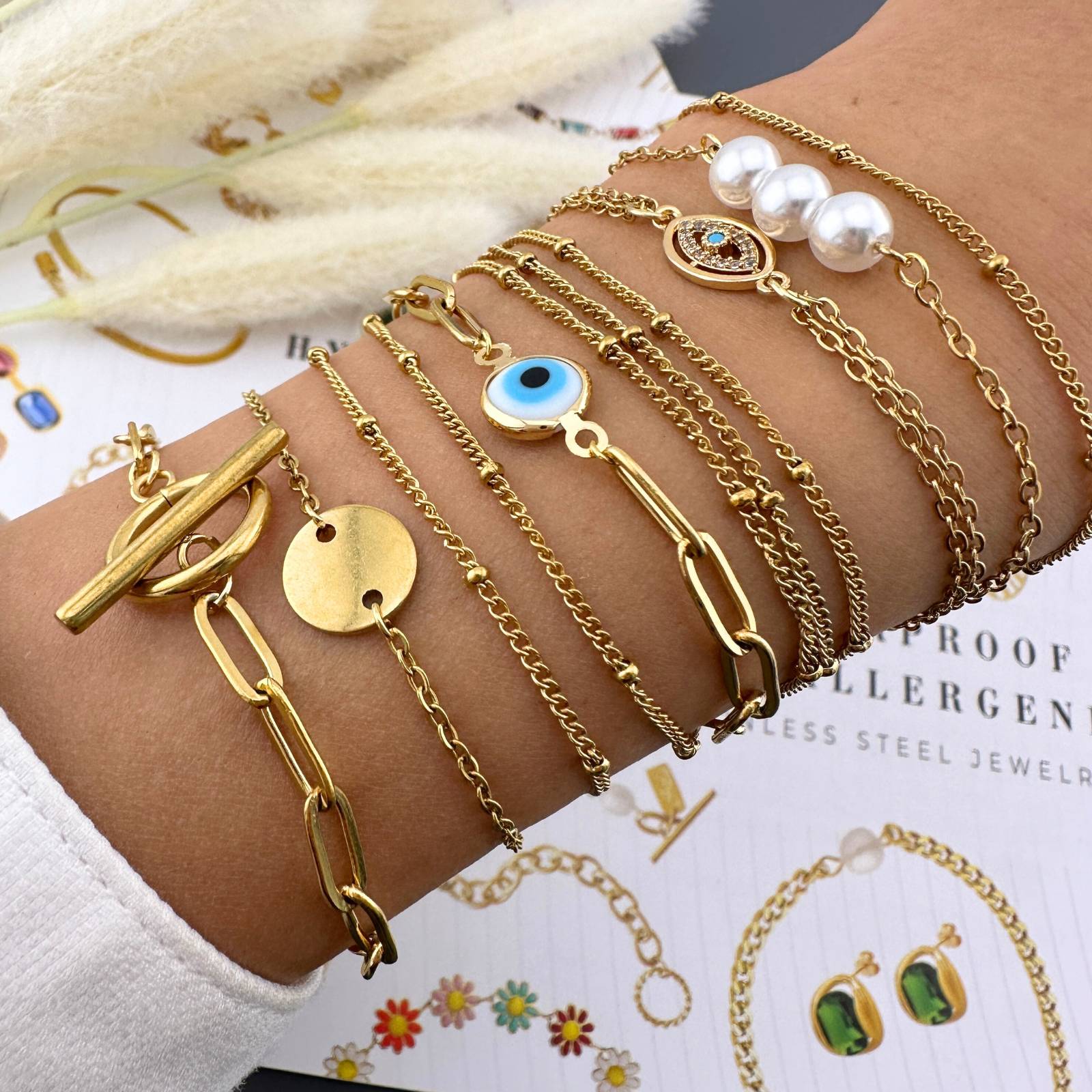 Gilded Watch "Evil Eye" Bracelet, 18K Gold Plated Steel