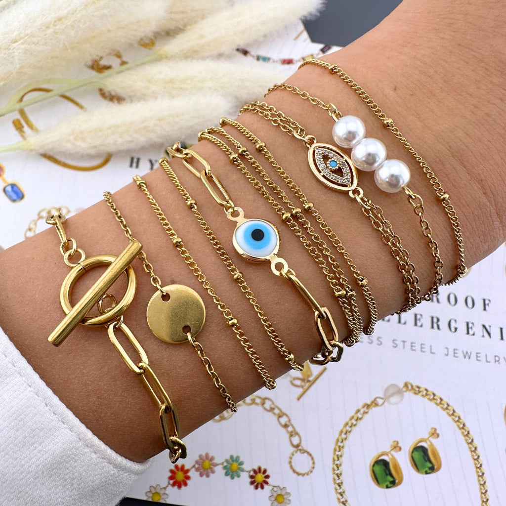 Gilded Watch "Evil Eye" Bracelet, 18K Gold Plated Steel