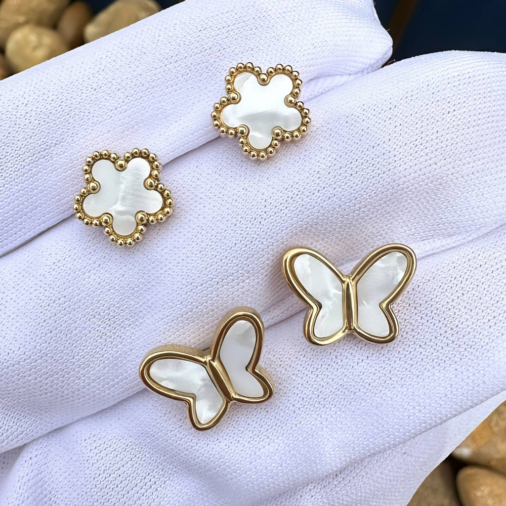 Opaline Butterflies Earrings, 18K Gold Plated Steel