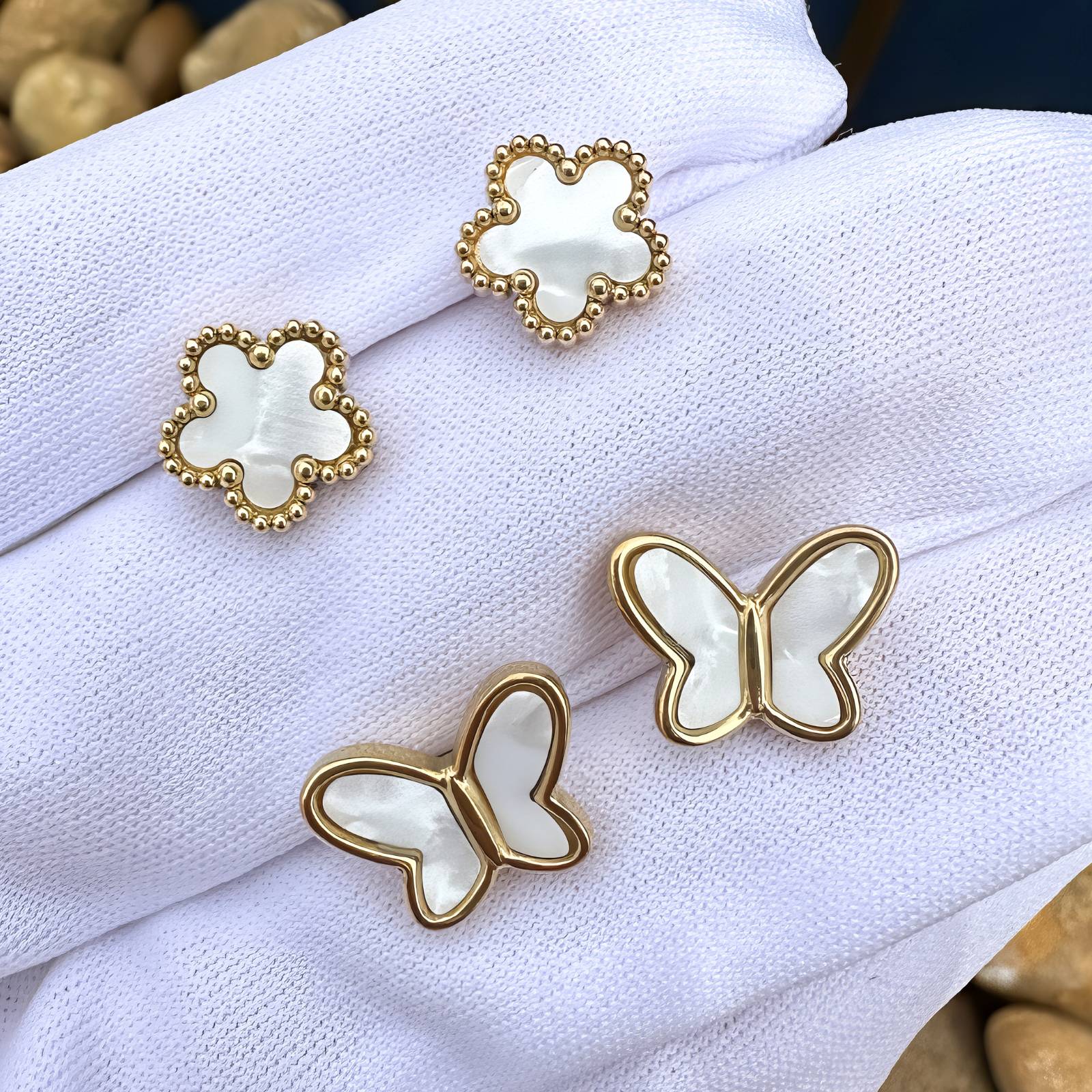 Opaline Butterflies Earrings, 18K Gold Plated Steel