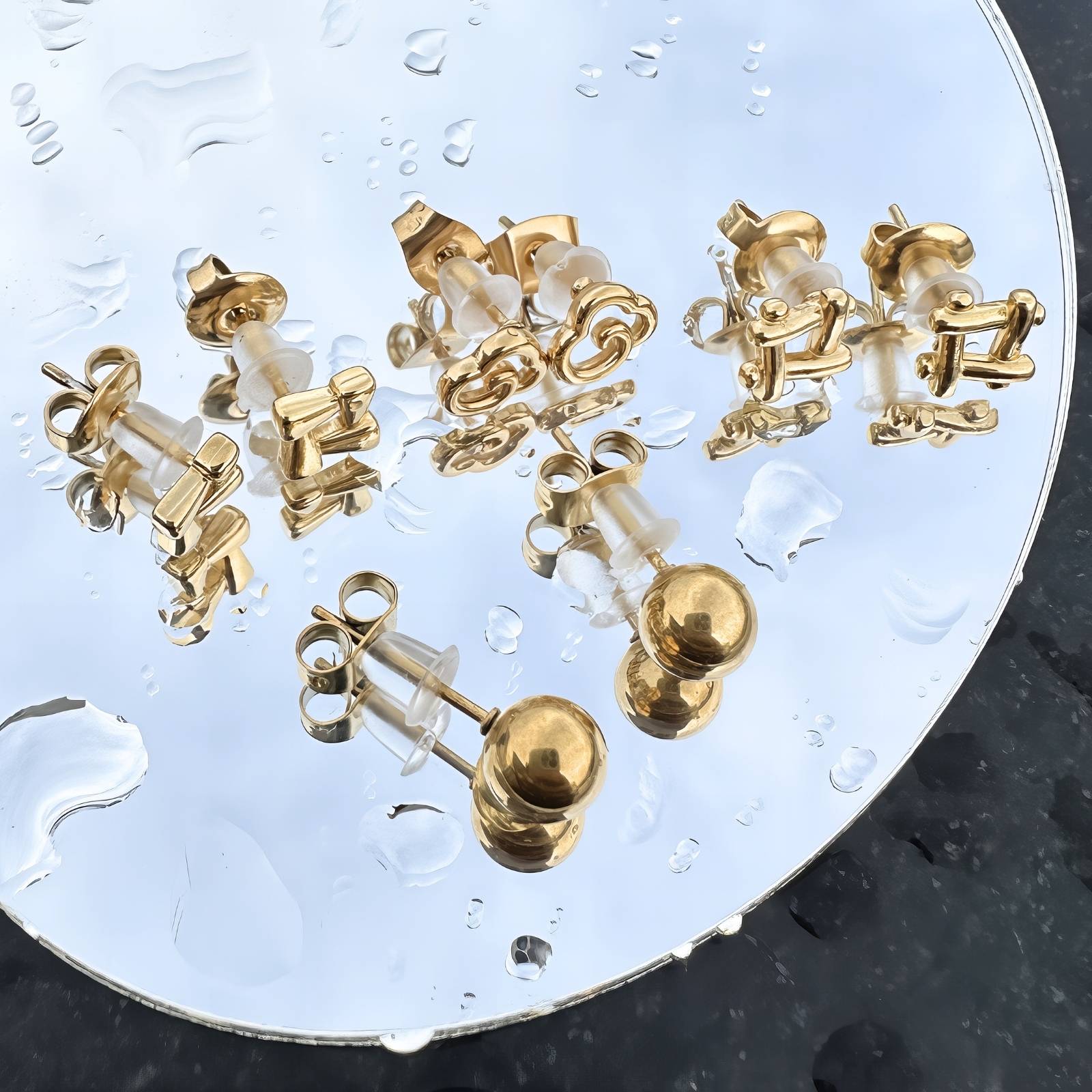 Golden Sphere Earrings, 18K Gold Plated Steel