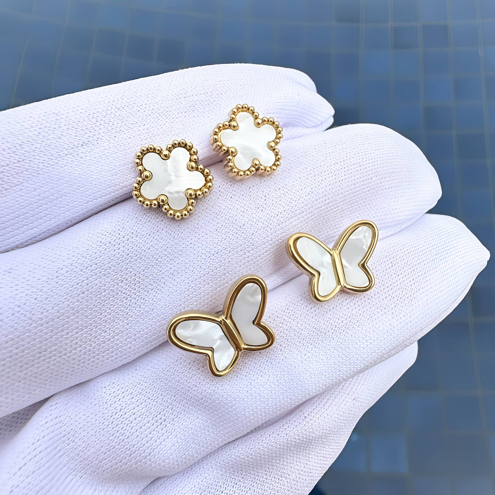 Opaline Butterflies Earrings, 18K Gold Plated Steel