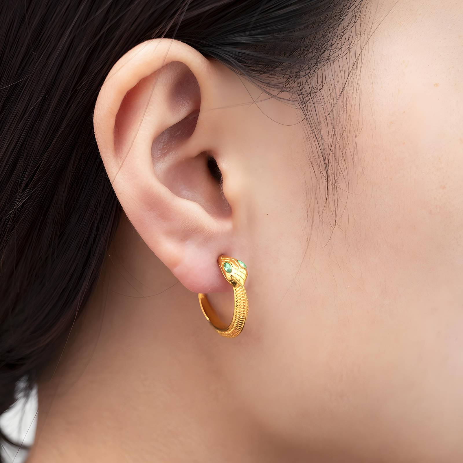Emerald Fangs Earrings, 18K Gold Plated Steel