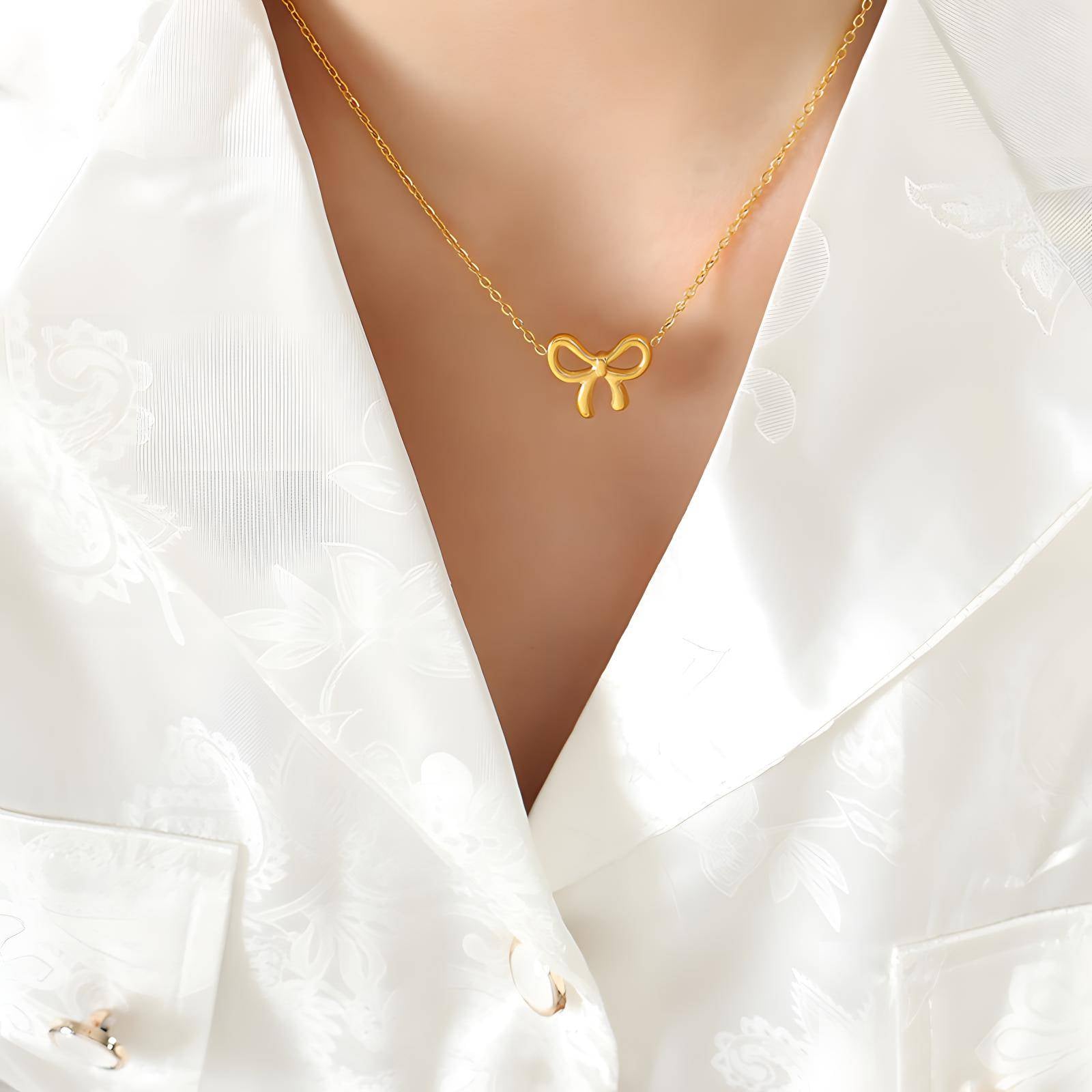 Luxe Bow Necklace, 18K Gold Plated Steel