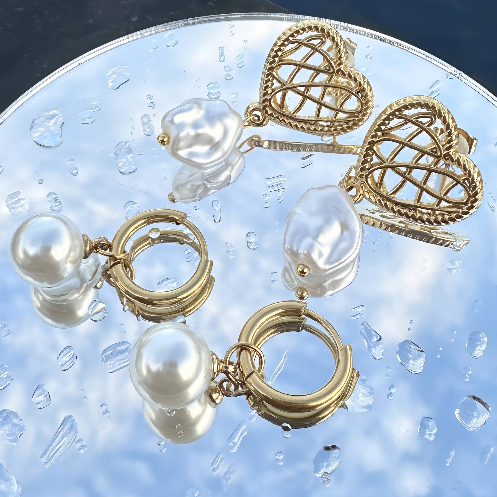 Pearl Earrings, 18K Gold Plated Steel
