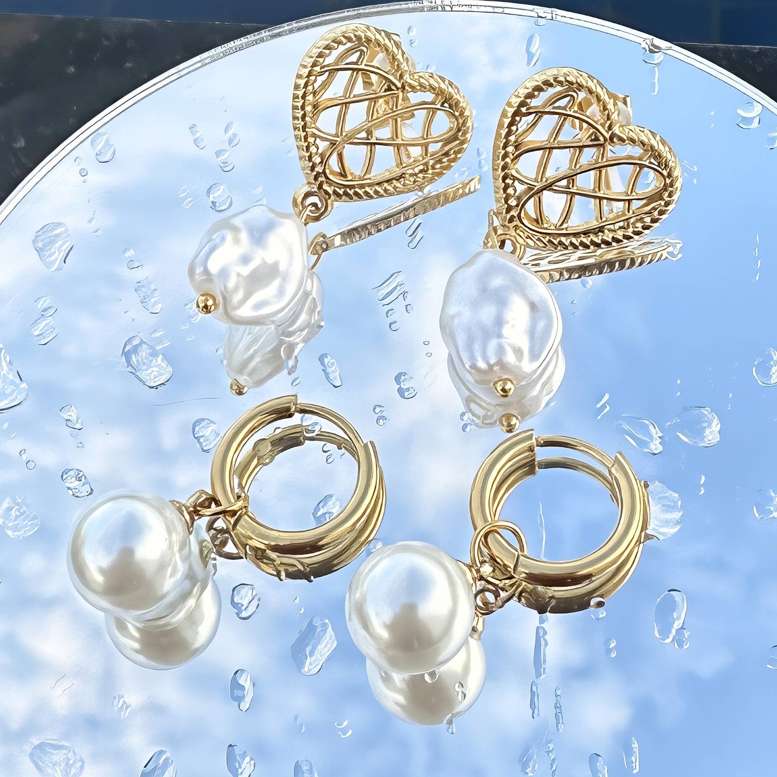 Pearl Earrings, 18K Gold Plated Steel