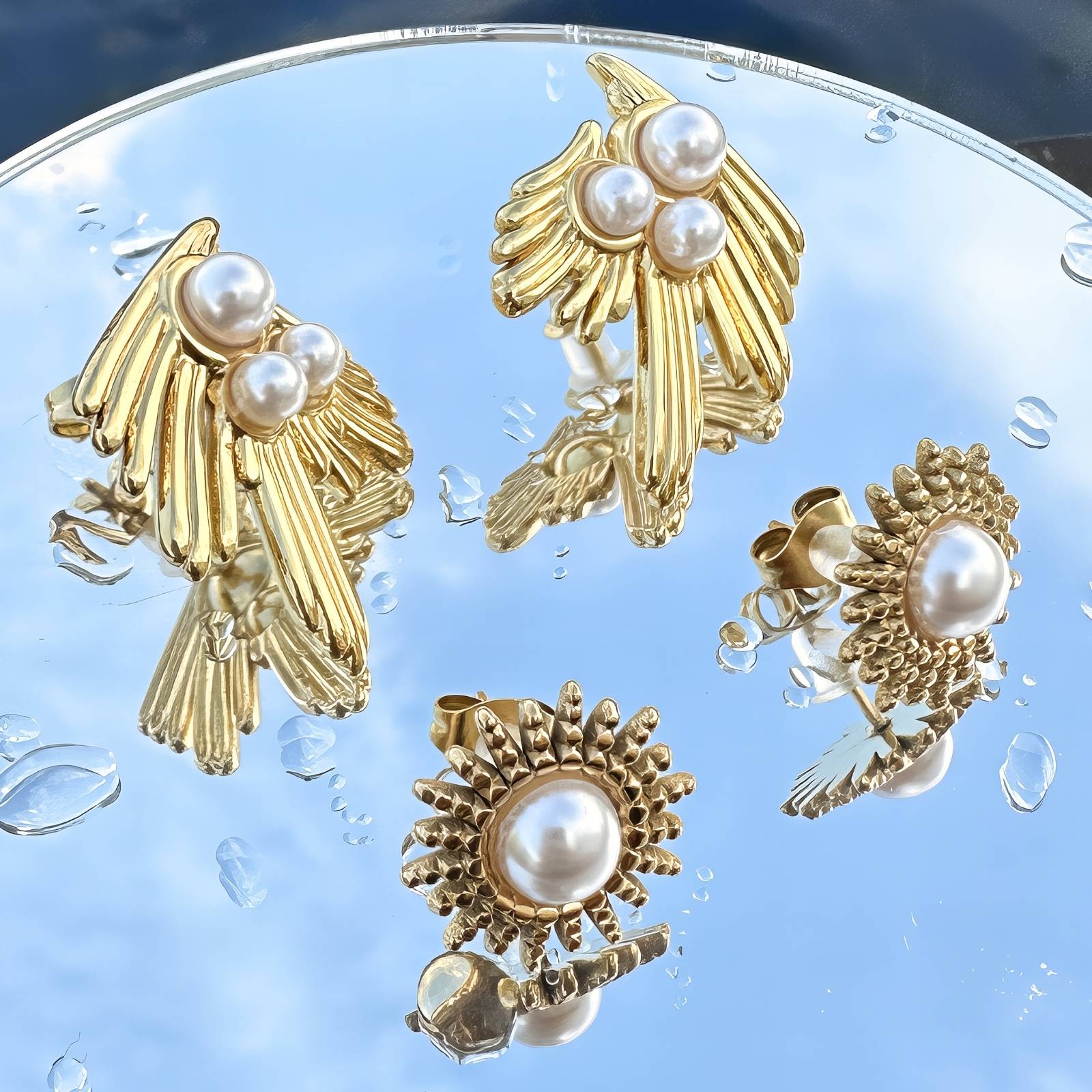 Solar Pearl Earrings, 18K Gold Plated Steel