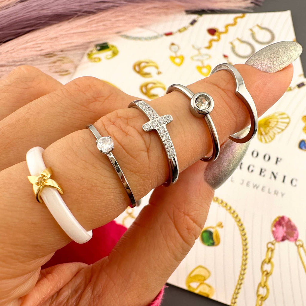 White Elegance Ring, 18K Gold Plated Steel