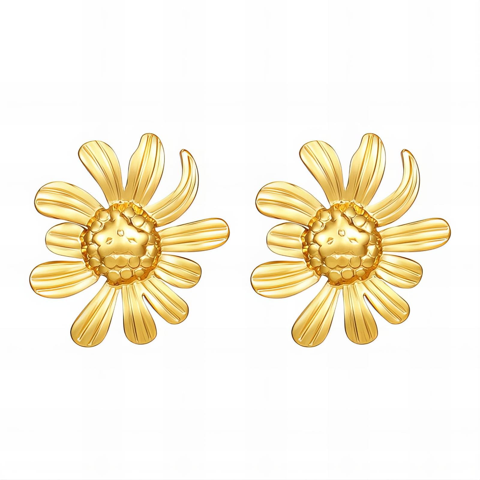 Golden Sunflower Earrings, 18K Gold Plated Steel
