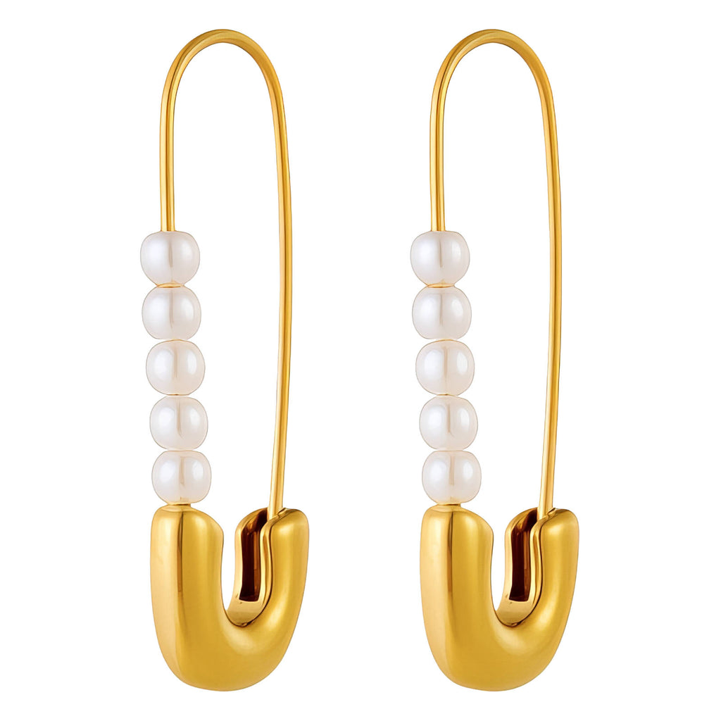 Safety Pearls Earrings, 18K Gold Plated Steel