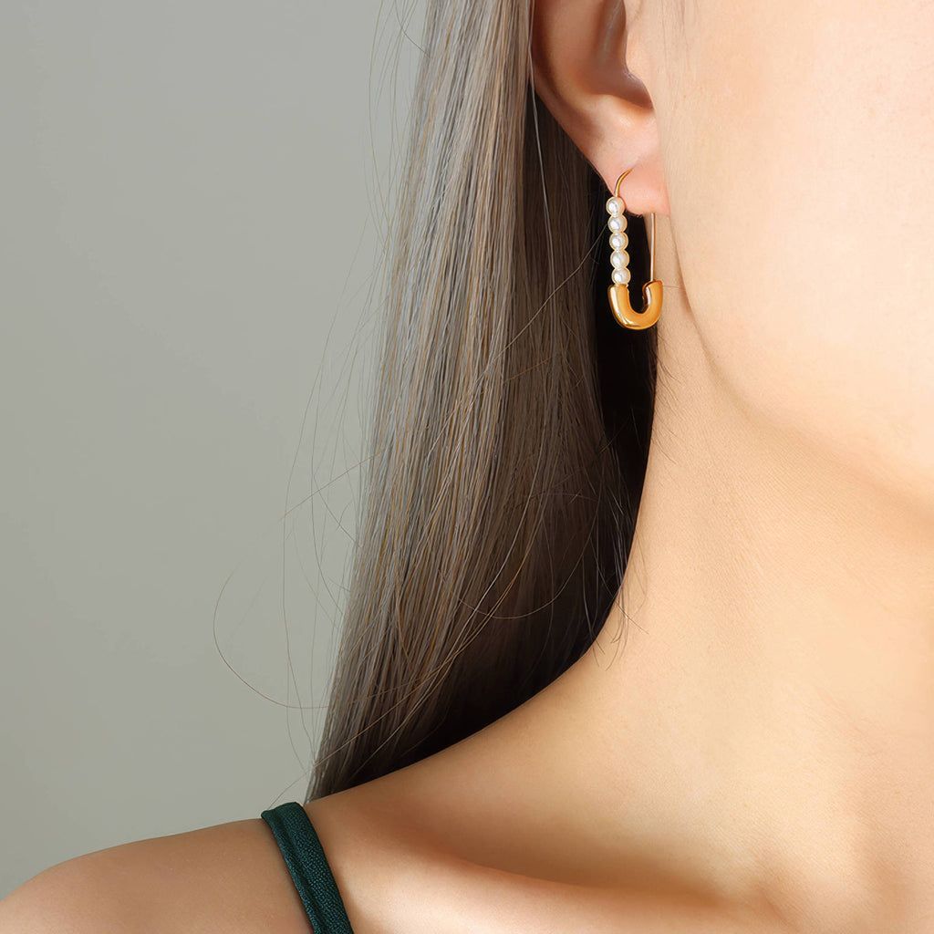 Safety Pearls Earrings, 18K Gold Plated Steel
