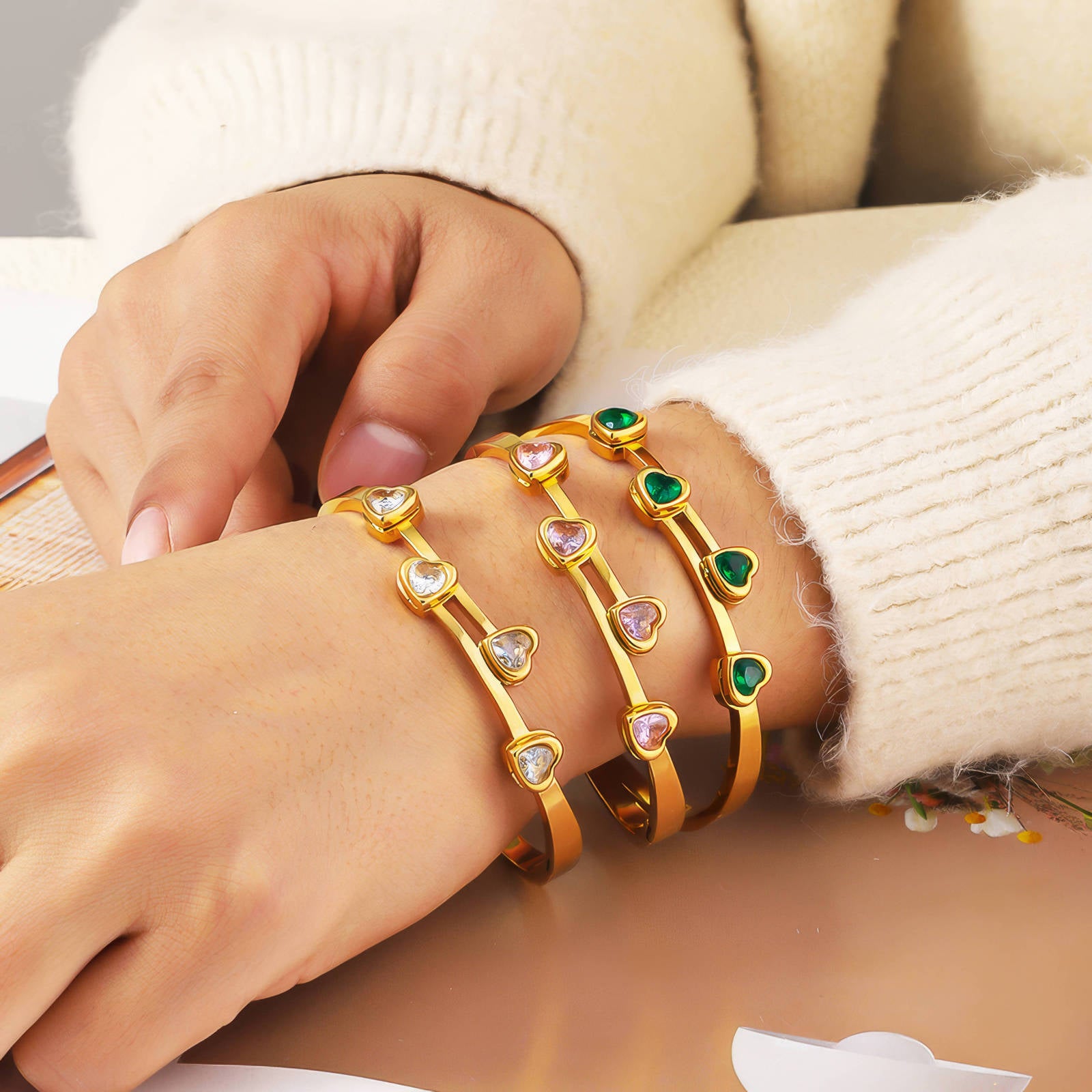 Emerald Love Bracelet, 18K Gold Plated Steel